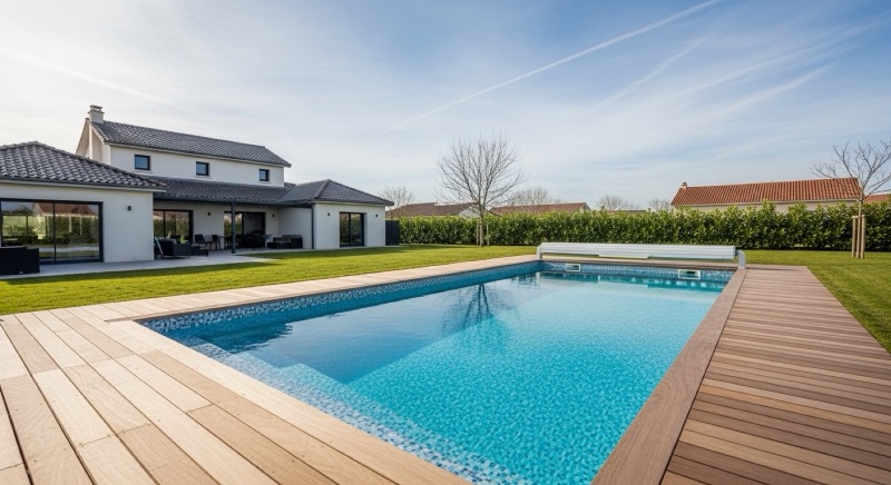 Piscine enterrée rectangulaire avec terrasse en bois — exemple de réalisation près de Saint-Bonnet-Briance
